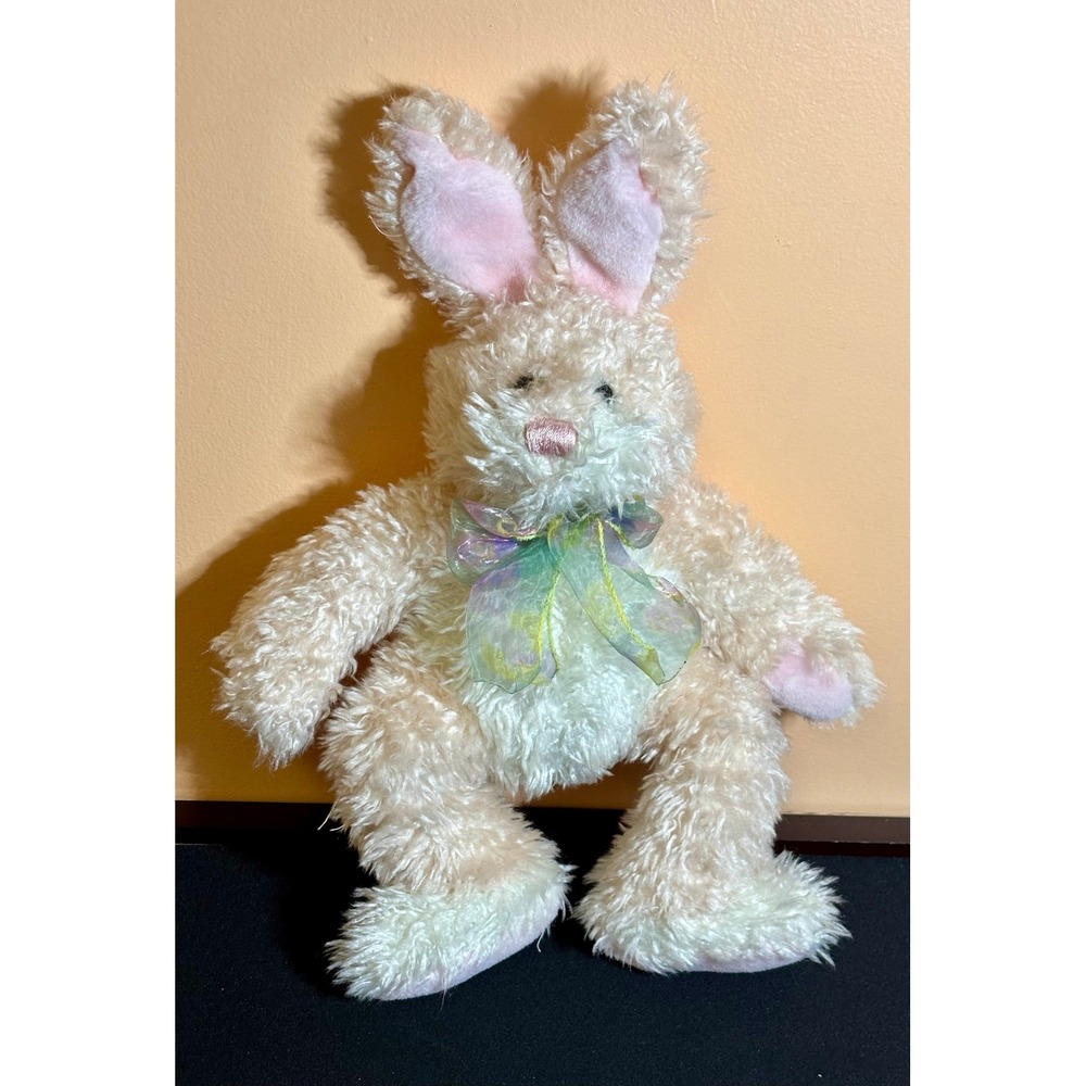 TS Trading Co Plush Bunny Rabbit Cream Shaggy Pink Iridescent Bow 14 inch Easter